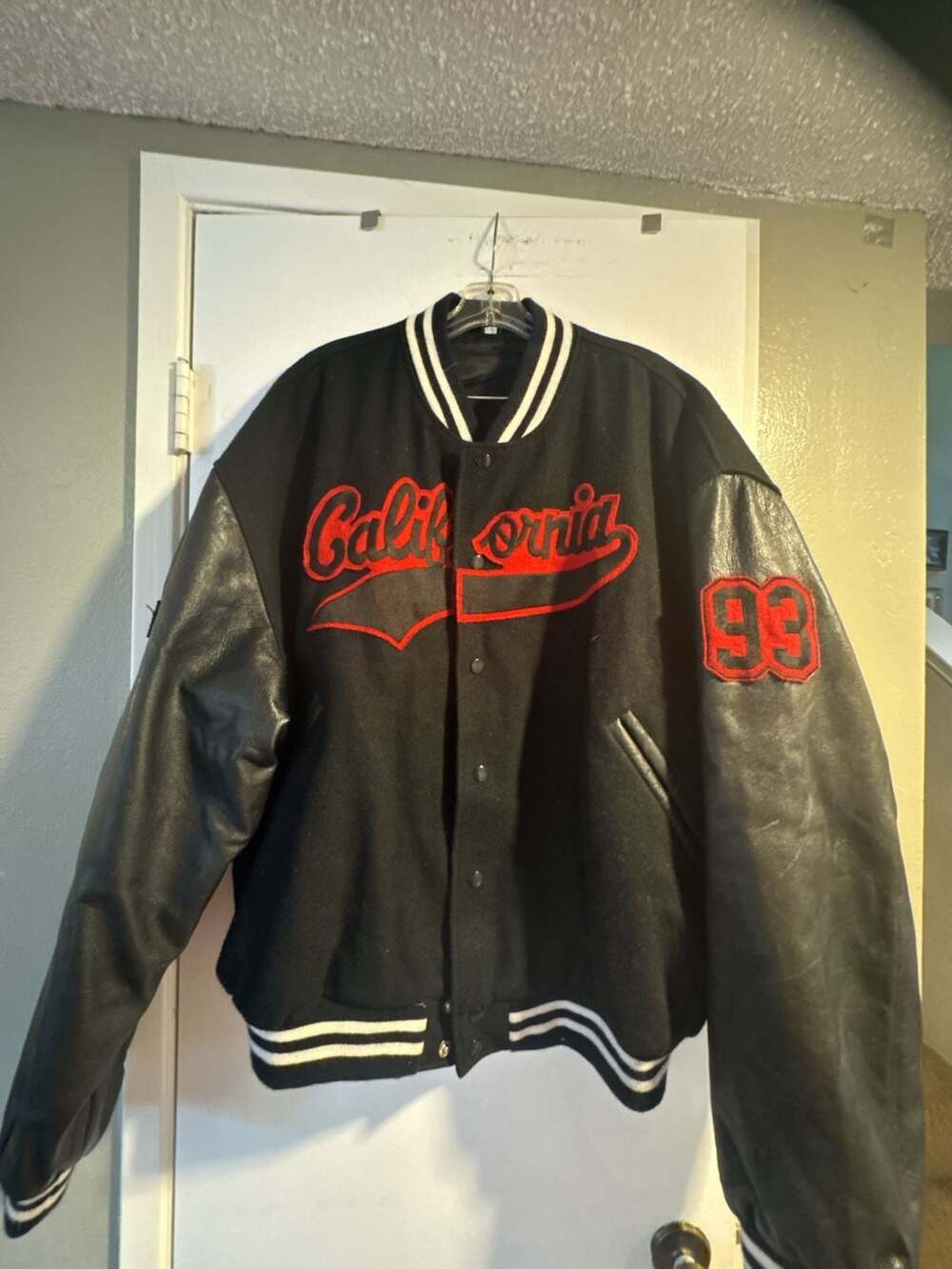 Vintage Beverly Hills California 93 Wool and Leather Varsity Jacket Black Red 2